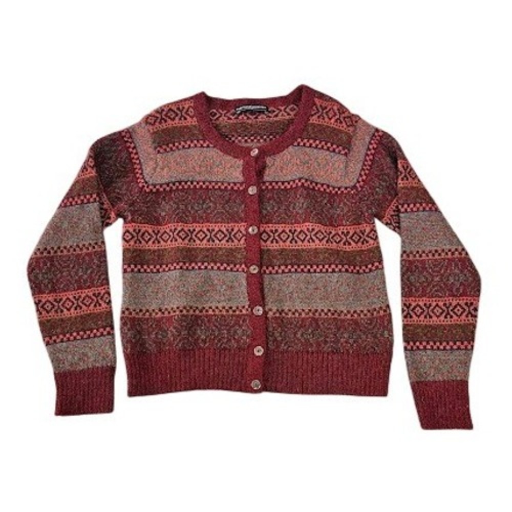 Peruvian Connection 100% Alpaca Fair Isle Women Large Cardigan Sweater Burgundy